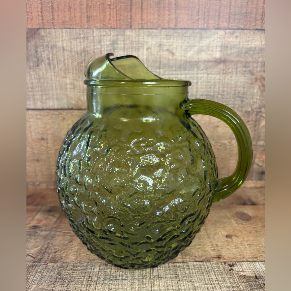 Vintage Anchor Hocking 60’s Lido Milano Crinkle Glass Ball Pitcher Avocado Green - Picture 2 of 9